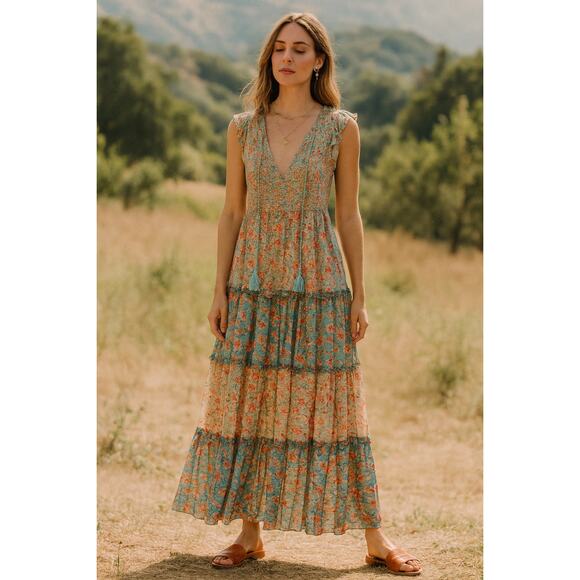 Allison Dresses & Skirts - Allison Floral Maxi Dress Size Medium Turquoise Pink Sleeveless Tiered Peasant